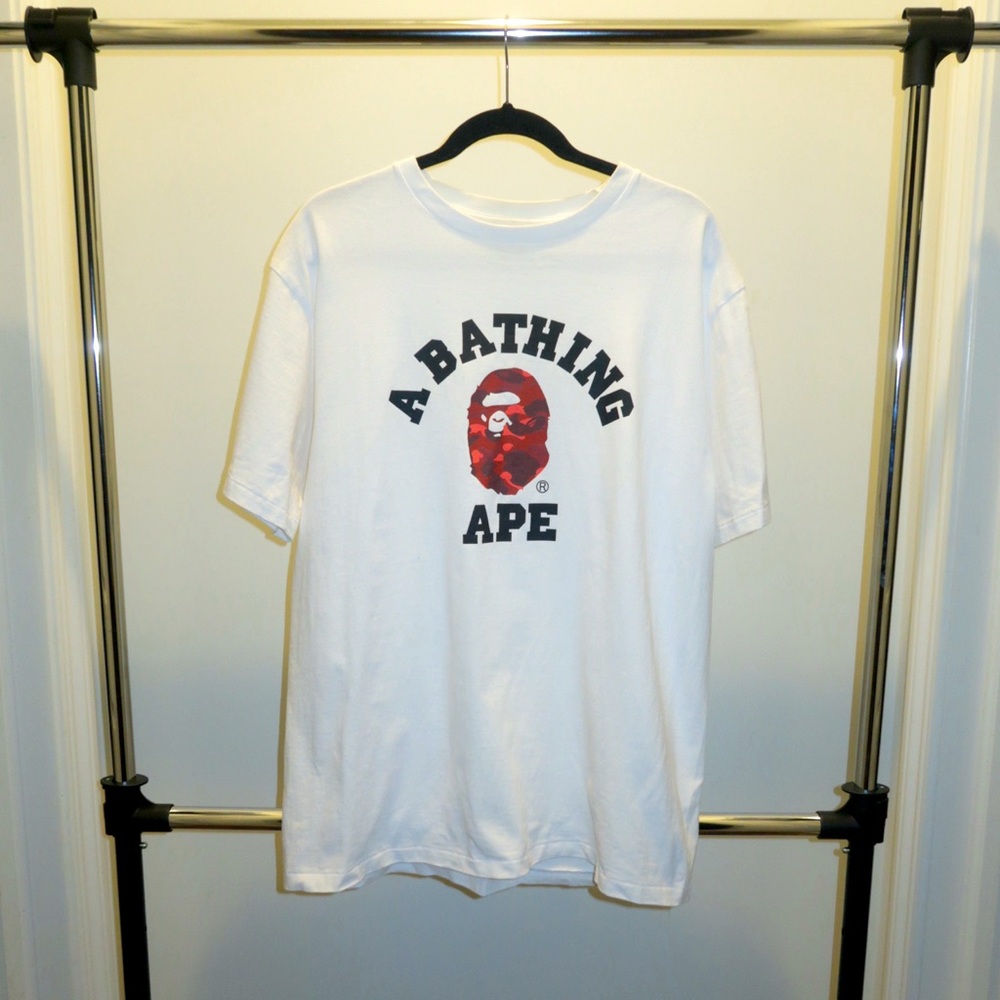 Bape White Tee with Red Logo Camo College Tee